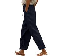 Pantalon en coton et lin pour femme - Couleur unie - Taille élastique - Pantalon d'été tendance - Pantalon droit - Jambe large - Contrôle du ventre - Pantalon de jogging tendance, bleu marine, S