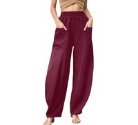 Pantalon en coton et lin pour femme - Jambe large - Pantalon de plage d'été confortable - Pantalon de yoga Palazzo - XIYU26052, Rouge, M