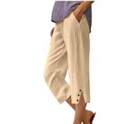 Pantalon en Coton et Lin pour Femme Offre de Printemps 7/8 Pantacourt Été Femmes Leger Fluide Élastique Décontractée Couleur Unie Mode Pants avec Poches Grande Taille Pantalons de Jogging