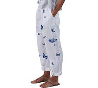 Pantalon en coton et lin pour femme - Pantalon droit tendance pour sortir - Pantalon ample en bambou - Pantalon confortable à taille élastique - Pantalon de travail décontracté imprimé papillon, bleu