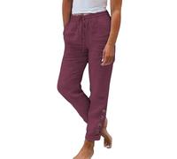 Pantalon en coton et lin pour femme, pantalon long de couleur unie, pantalon long décontracté pour sortir, pantalon de plage vintage en coton uni, pantalon long confortable et droit avec poches, Rouge