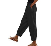Pantalon en Coton et Lin pour Femmes, Ceinture élastique, Taille Haute, Poches, Boutons latéraux, Pantalon à Neuf Points, Pantalons Ample décontracté à Jambe Droite Jean Large