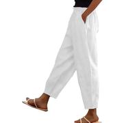 Pantalon en Coton et Lin pour Femmes, Ceinture élastique, Taille Haute, Poches, Boutons latéraux, Pantalon à Neuf Points, Pantalon Ample décontracté, Grande Taille Femme 52 54 56 (White, XXXL)