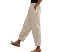 Pantalon en Coton et Lin pour Femmes, Ceinture élastique, Taille Haute, Poches, Boutons latéraux, Pantalon à Neuf Points, Pantalons Ample décontracté à Jambe Droite Jean Large