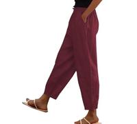 Pantalon en Coton et Lin pour Femmes, Ceinture élastique, Taille Haute, Poches, Boutons latéraux, Pantalon à Neuf Points, Pantalon Ample décontracté, Grande Taille Femme 52 54 56 Pantalon (Wine, S)