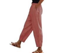 Pantalon en Coton et Lin pour Femmes, Ceinture élastique, Taille Haute, Poches, Boutons latéraux, Pantalon à Neuf Points, Pantalons Ample décontracté à Jambe Droite Jean Large