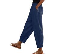 Pantalon en Coton et Lin pour Femmes, Ceinture élastique, Taille Haute, Poches, Boutons latéraux, Pantalon à Neuf Points, Pantalon Ample décontracté, Grande Taille Femme 52 54 56 Pantalon (Blue, XXL)