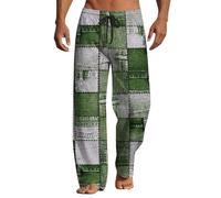 Pantalon en coton et lin pour homme - Patchwork - Jambe large - Pantalon d'été - Taille élastique - Vacances - Plage - Voyage, Pantalon en lin vert pour hommes, L