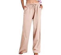 Pantalon en Coton Lin Femme Pantalon Large Femme Lin Confortable Respirant Taille Haute Longue Sweatpants Chic Taille Elastique Jogging Plage avec Poches À La Mode Vacances Loisirs Solde a-ma zon