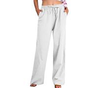 Pantalon en Coton Lin Femme Pantalon Large Femme Lin Confortable Respirant Taille Haute Longue Sweatpants Chic Taille Elastique Jogging Plage avec Poches À La Mode Vacances Loisirs Solde a-ma zon