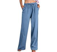 Pantalon en Coton Lin Femme Pantalon Large Femme Lin Confortable Respirant Taille Haute Longue Sweatpants Chic Taille Elastique Jogging Plage avec Poches À La Mode Vacances Loisirs Solde a-ma zon
