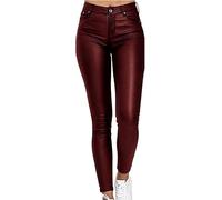 Pantalon en Cuir pour Dames Sexy Skinny Legging Stretch PU Cuir Faux Cuir Pantalon Femmes Noir Faux Cuir Biker Pantalon, Red Wine, L
