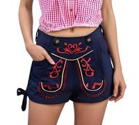 Pantalon en cuir pour femme - Short court en cuir traditionnel bavarois - Broderie rouge - Pantalon en cuir pour fête de la bière - Avec poche - Short traditionnel bavarois traditionnel pour la fête