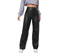 Pantalon en cuir pour femme taille haute avec poches jambe droite - Style décontracté professionnel en similicuir PU extensible jambe large pour le travail et le port quotidien, Noir , XL