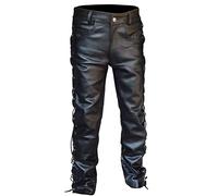 Pantalon en cuir pour homme avec laçage latéral - Pantalon de travail en cuir synthétique - Couleur unie - Pantalon de motard - Pantalon de motard - Pantalon de motard - Jeans de motard - Taille