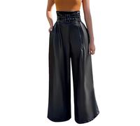 Pantalon en cuir synthétique pour femme taille haute avec ceinture et jambes larges - Pantalon de salon Palazzo en similicuir PU - Pantalon formel élégant et décontracté pour le travail, le travail -