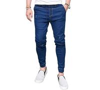Pantalon en Denim Extensible avec Cordon de Serrage pour Hommes Jean Skinny décontracté à Taille élastique Jean Crayon Coupe Slim délavé à la Cheville (Bleu Marine,M)