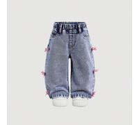 Pantalon en jean bleu ample avec accent nœud rose mignon pour bébé filles, tenue mignonne pour le Nouvel An des bébés filles, jean denim 6-9M,9-12M,12-18M,18-24M,2-3YUnicoloreJean