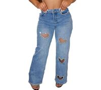 Pantalon en jean décontracté pour femme - Taille haute - Coupe étroite - Stretch - Avec imprimé d'amour et strass - Jean côtelé - Pour l'extérieur - Streetwear Y2K - Pantalon de loisirs avec poches et