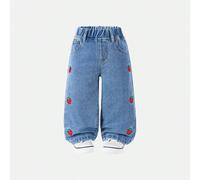 Pantalon en jean droit à taille élastique pour bébés filles avec broderie de fraise, tout-aller et polyvalent, jeans bleu délavé chaud, toutes saisons 6-9M,9-12M,12-18M,18-24M,2-3YFruits & légumesJean