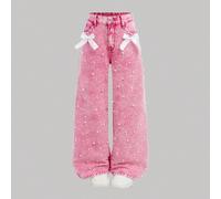 Pantalon en jean droit ample à taille haute élégant et délavé pour préadolescentes, avec nœud papillon, poches, faux perles et ourlet effiloché. Idéal pour les vacances printanières et estivales, les 