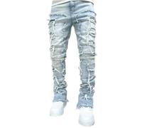 Pantalon en Jean élastique Coupe Droite pour Hommes, Jean déchiré en détresse avec Patchs-Bleu Clair-XXL