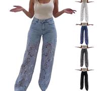 Pantalon en jean pour femme - Jambes larges - Pantalon en denim avec dentelle - Patchwork Baggy Y2K - Taille haute - Pantalon palazzo sexy - Pantalon stretch élégant - Grandes tailles - Jean skinny