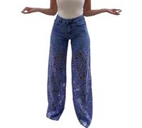 Pantalon en jean pour femme - Jambes larges - Pantalon en denim avec dentelle - Patchwork Baggy Y2K - Taille haute - Pantalon palazzo sexy - Pantalon stretch élégant - Grandes tailles - Jean skinny