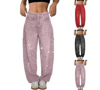 Pantalon en jean pour femme - Jambes larges - Taille haute - Strass - Paillettes - Grandes tailles - Pantalon en denim tendance - Pantalon palazzo - Couleur unie - Pantalon de loisirs pour hip-hop