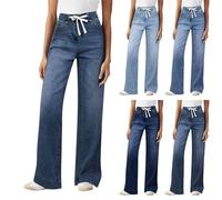 Pantalon en jean pour femme - Taille haute - Stretch - Avec élastique - Taille élastique - Pantalon de loisirs baggy droit - Jambes larges - Coupe ample - Pantalon Y2K, Marine, XXL