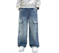 Pantalon en jean pour garçons adolescents, style baggy, cargo, jambe large, jean droit, taille élastique avec poches, streetwear Y2K, mode, pantalon uni, bleu, 5-6 ans