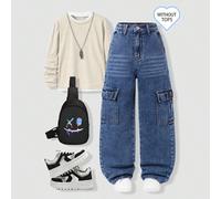 Pantalon en jean pour garçons préadolescents, nouveau style cargo de rue pour l'été, bleu clair délavé, coupe ample droite, grandes poches, taille élastique, coton premium, pour le quotidien et l'écol