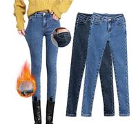 Pantalon en jean stretch pour femme - Grandes tailles - Jambe droite - Pantalon thermique - Legging thermique doublé - Pantalon en jean skinny avec élastique - Legging d'hiver en denim - Pantalon