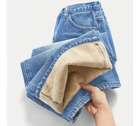 Pantalon en jean thermique doublé gris de base pour préadolescentes, ample et décontracté. Jeans à taille haute, jambes larges, style polyvalent Y2K, convient pour l'école, l'église, les tenues décont