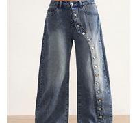 Pantalon en jean tressé décontracté pour femmes, idéal pour le printemps/été, avec des détails de boutons métalliques pour une finition audacieuse et rétro-inspirée. Facile à assortir pour des looks d