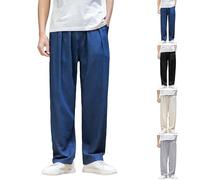 Pantalon en lin à jambe large pour homme - Pantalon d'été décontracté en coton et lin - Léger - Coupe décontractée - Pantalon plissé sur le devant - Pantalon de survêtement confortable et respirant