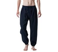 Pantalon en Lin De Coton Rayé Vintage pour Hommes Nouveau Pantalon De Cordon De Serrage Large Grande Taille Fashion Harem Pantalon De Yoga Bleu Marine 3XL