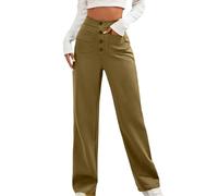 Pantalon en Lin Europe and The United States Fashion New Women's Casual Straight Leg Pants High Waist Button Elastic with Multiple Pockets Pantalon Chic Femme Taille Haute (Khaki, XXXXXL)