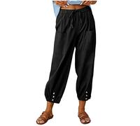 Pantalon en Lin Femme Fluide 7/8 Pantalon Taille Elastique Été Ample avec Cordon Décontracté à Jambes Léger Pantalon avec Poches Confortable Respirant Pantacourt Grande Taille
