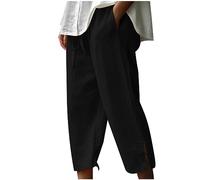 Pantalon en Lin Femme Large Baggy Fluide éTé Été et Automne Femmes lâche Respirant Couleur Unie Lin Sept Pantalons Poche latérale Pied Ouverture Pantalons Linen Pants Women lon Femme éé (Black, S)