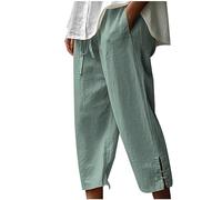 Pantalon en Lin Femme Large Baggy Fluide éTé Été et Automne Femmes lâche Respirant Couleur Unie Lin Sept Pantalons Poche latérale Pied Ouverture Pantalons Linen Pants Women lon Femme éé (Green, M)