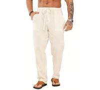 Pantalon en Lin Homme Jogging Coton Décontracté Été Pantalons Yoga Taille Élastique Léger Yoga Pants Kaki M