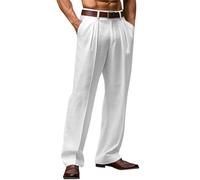 Pantalon en Lin Homme Pantalon d'Été Décontracté à Pince Long Léger Fluide Pantalon de Plage avec Boucle Taille Élastique Pantalons Sport Yoga pour Les Vacances, la Plage, Le Quotidien (White, XXL)