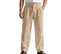 Pantalon en lin léger pour homme - Couleur unie - Long - Pantalon de plage - Pantalon de tous les jours - Coupe droite - Pantalon de costume fin - Avec rayures fines et poches - Élégant et confortable