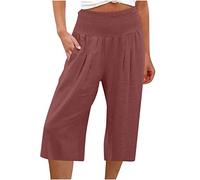 Pantalon en lin pour femme, ample, uni, mi-long, jambes larges, taille haute, pantalon de survêtement, pantalon de survêtement demi-pantalon d'été pour femme, pantalon droit, contrôle du ventre, Wine