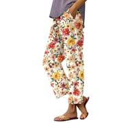 Pantalon en lin pour femme Pantalon décontracté Taille haute Coton Lin Pantalon en tissu confortable avec fleurs Mousseline Respirant Pantalon de loisirs Extérieur Bermuda ample Pantalon de plage avec