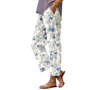 Pantalon en lin pour femme Pantalon décontracté Taille haute Coton Lin Pantalon en tissu confortable avec fleurs Mousseline Respirant Pantalon de loisirs Extérieur Bermuda ample Pantalon de plage avec