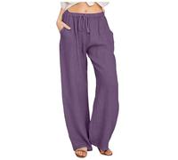 Pantalon en lin pour femme - Pantalon large - Taille longue - Cordon de serrage - Décontracté - Lin élastique - Jambe - Coton solide - Caractéristiques :, lilas, M