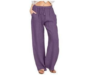 Pantalon en lin pour femme - Pantalon large - Taille longue - Cordon de serrage - Décontracté - Lin élastique - Jambe - Coton solide - Caractéristiques :, lilas, S
