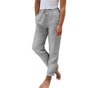 Pantalon en lin pour femme taille haute élastique en coton et lin - Pantalon ample droit à jambe large - Couleur unie - Cordon de serrage - Pantalon baggy décontracté léger et confortable avec poches
